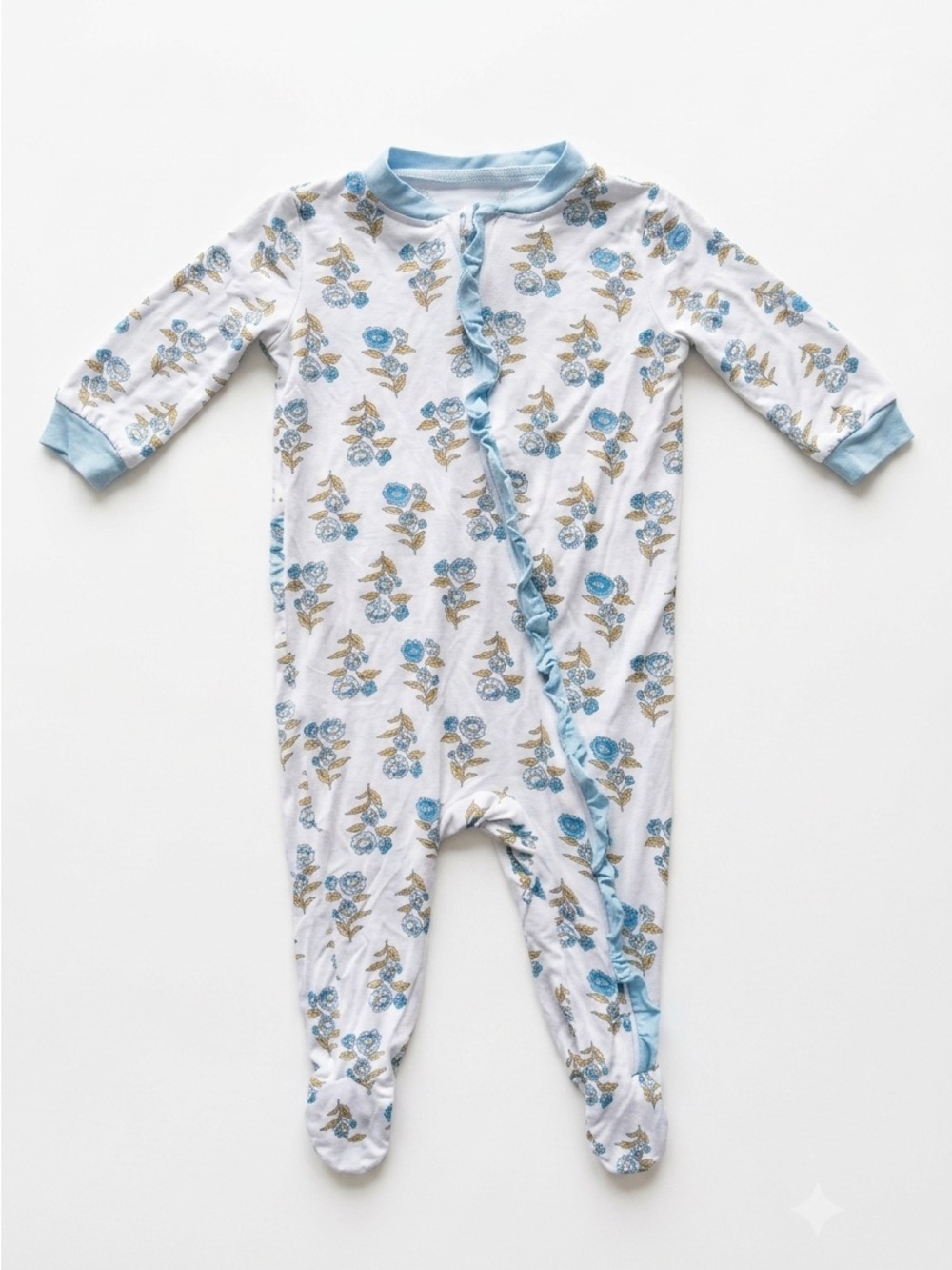 Milkberry Blue Floral Ruffle Bamboo Footie Sleeper 3-6M